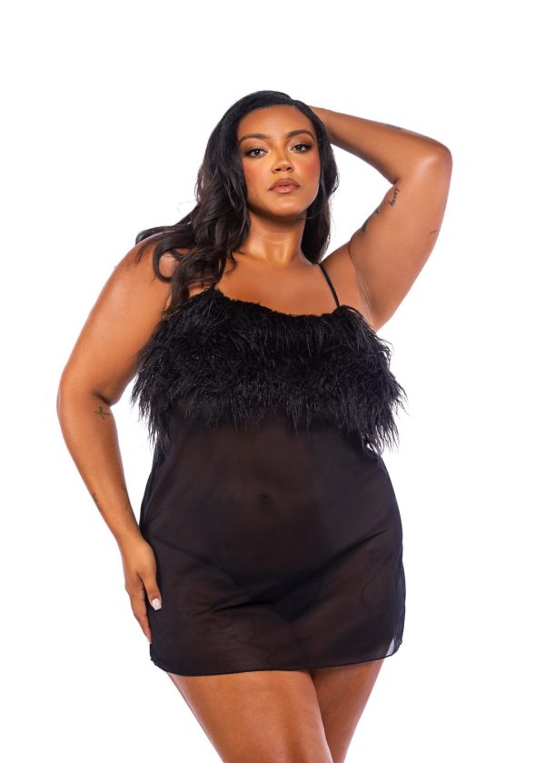 Black Faux Feather & Sheer Mesh Babydoll & Thong Panty Lingerie Online - Image 3
