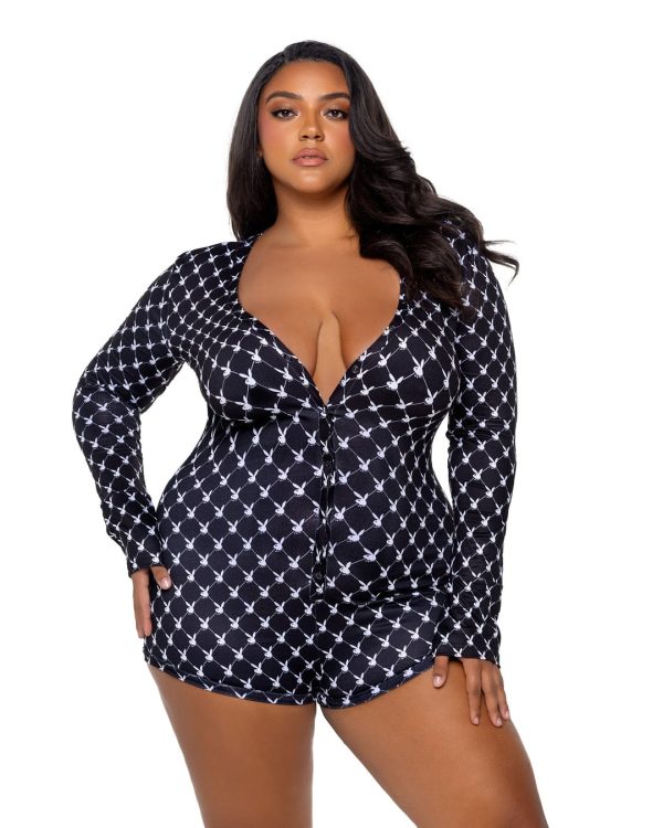 Plus Size Black Playboy Bunny Diamond Print Open Butt Flap Romper For Discount