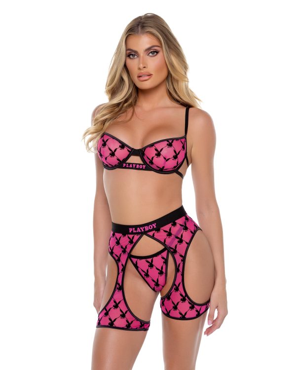 Playboy Flocked Bunny Hot Pink Bralette, Chaps & Thong Panty Lingerie Cheap