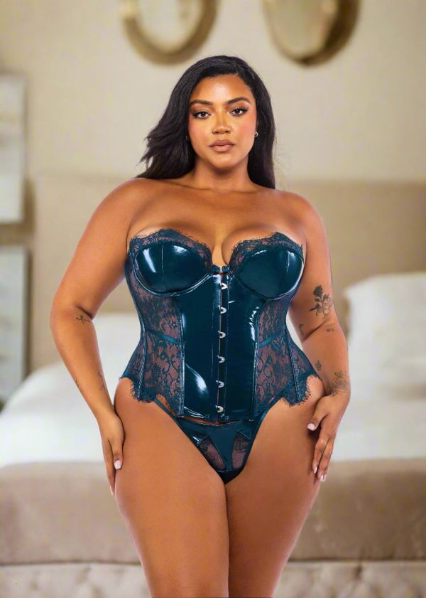 2 Pc Plus Size Blue Scalloped Eyelash Lace Bustier & G-string Panty Lingerie Online Sale