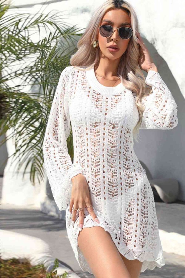 Openwork Scalloped Trim Long Sleeve Cover-Up Dress For Cheap