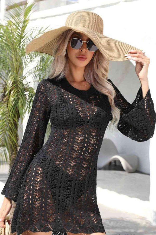Openwork Scalloped Trim Long Sleeve Cover-Up Dress For Cheap - Image 5