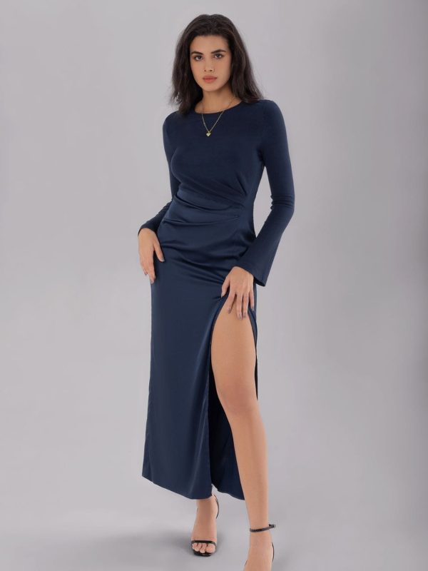 Dark Navy Split Round Neck Long Sleeve Midi Party Evening Dress Fashion