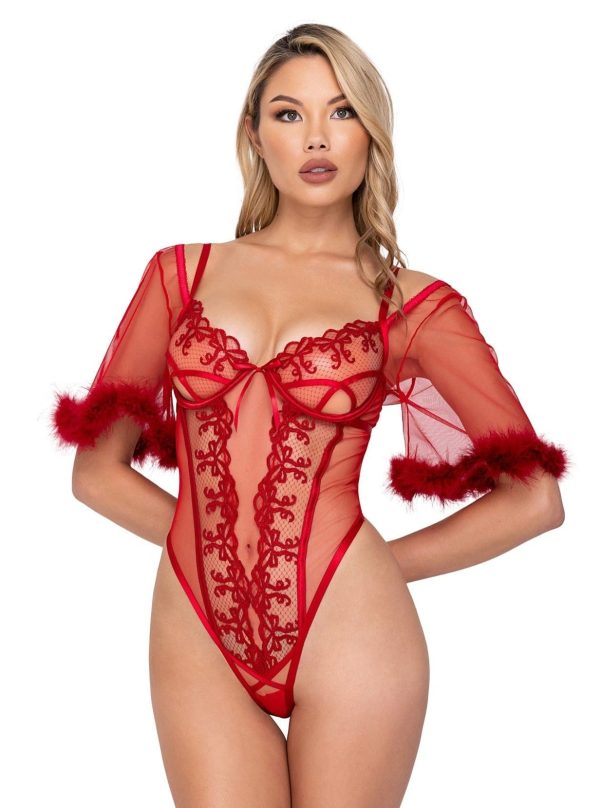 Rouge Metallic Bow Teddy with Sleeves Lingerie Online Sale